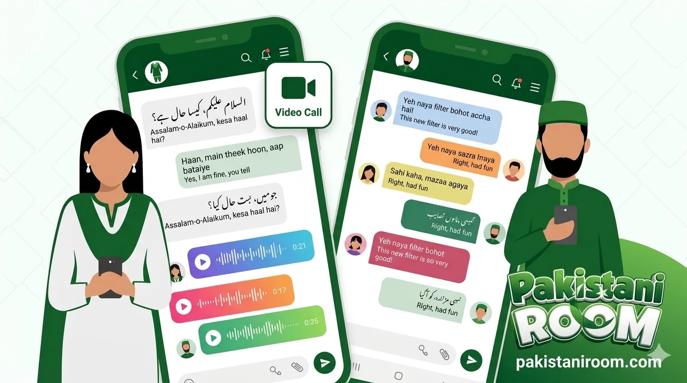 Pakistani Room chat interface showing Urdu and Roman Urdu messages in a free Pakistani chat room without registration