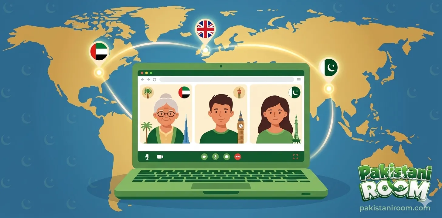 Overseas Pakistanis in UAE, Saudi Arabia and UK connecting with family and friends via Pakistani Room free live chat group video calls